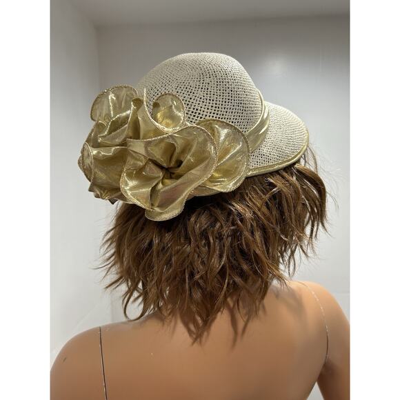 Ribbon Sonni Hat Natural Straw With Gold Bow Fabric cloche Style Sun Hat main image 5